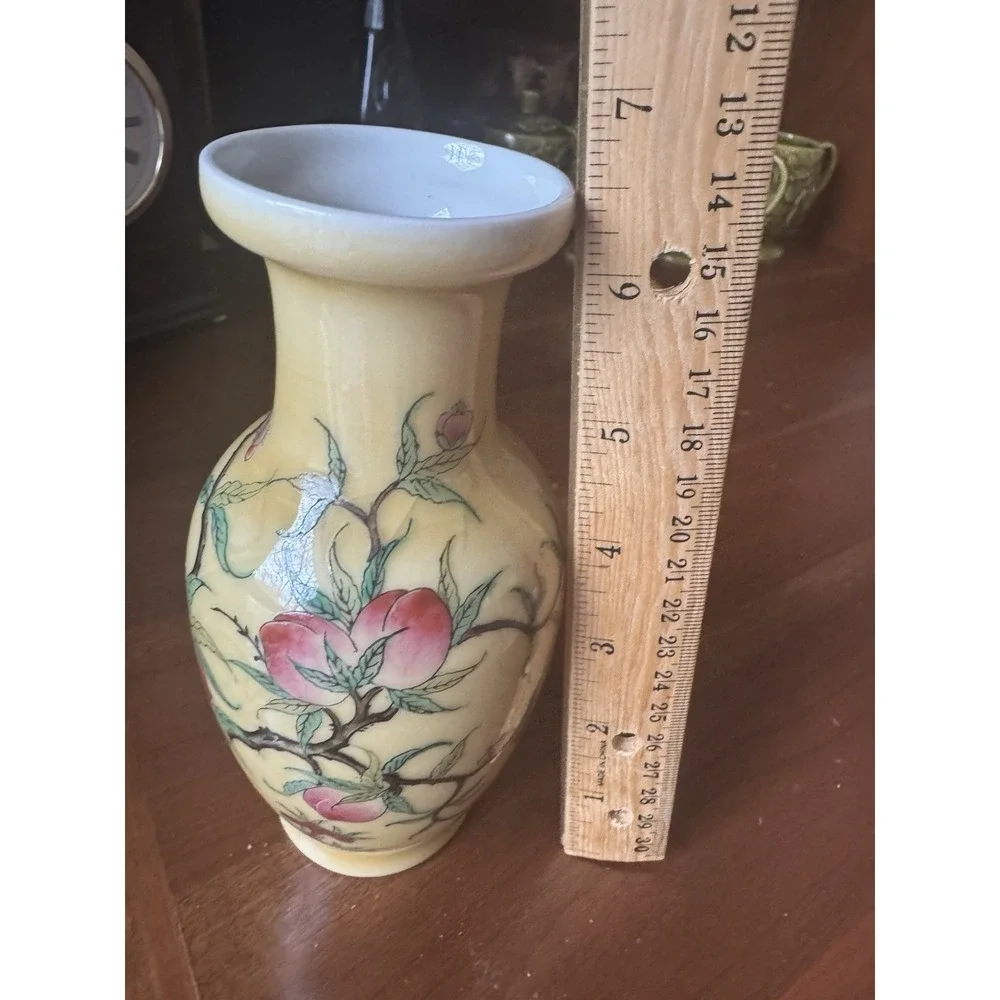 Vintage Chinese Peach Vase Hand Painted‎ Yellow Porcelain Decorated in Hong Kong